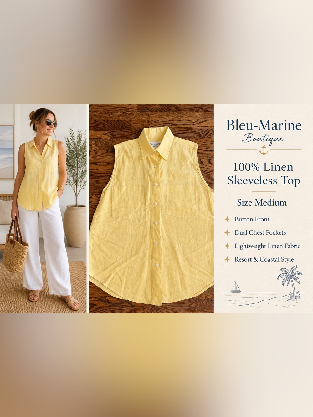 Bleu-Marine Boutique Yellow Linen Sleeveless Button Front Top Size Medium